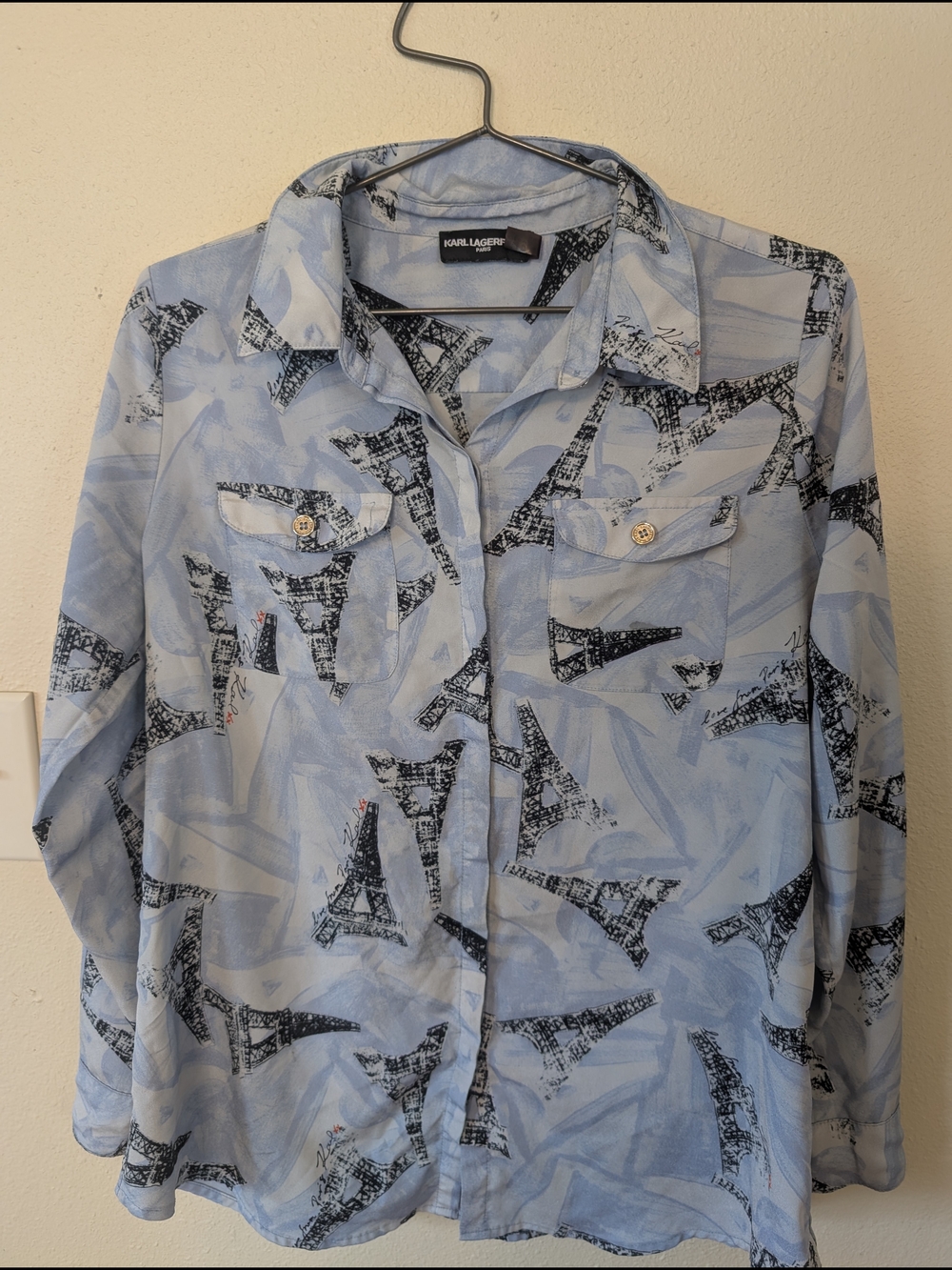 Karl Lagerfeld Light Blue Eiffel Tower Print Button-Up Blouse